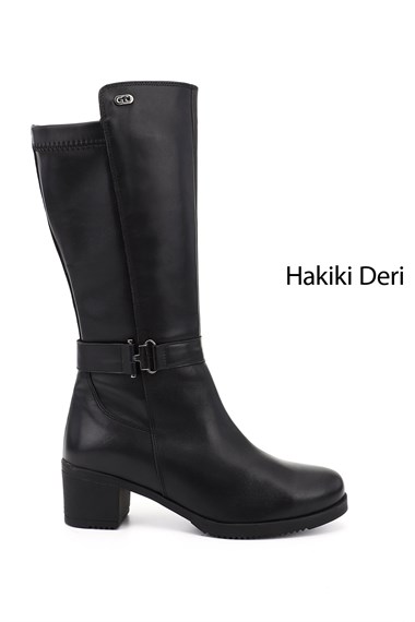 Womens Black Chunky Heel Genuine Leather Boots