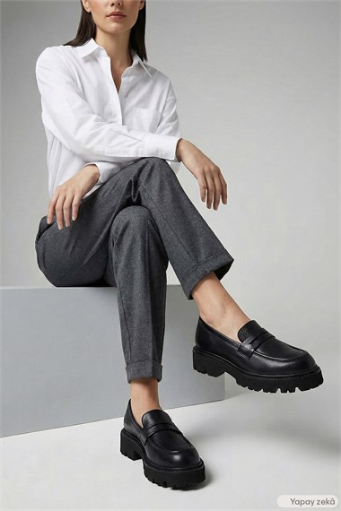 Womens Black Thick Heel Genuine Leather Loafer Shoes