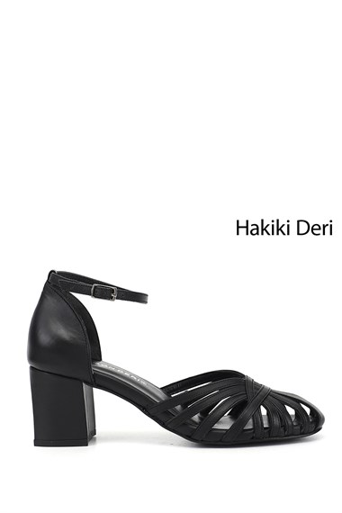 Kadın Siyah Kalın Topuklu Hakiki Deri Ayakkabı