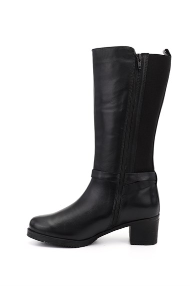 Womens Black Chunky Heel Genuine Leather Boots
