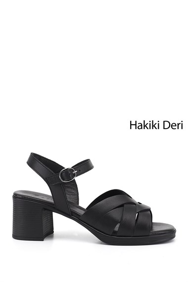 Kadın Siyah Kalın Topuklu Hakiki Deri Sandalet
