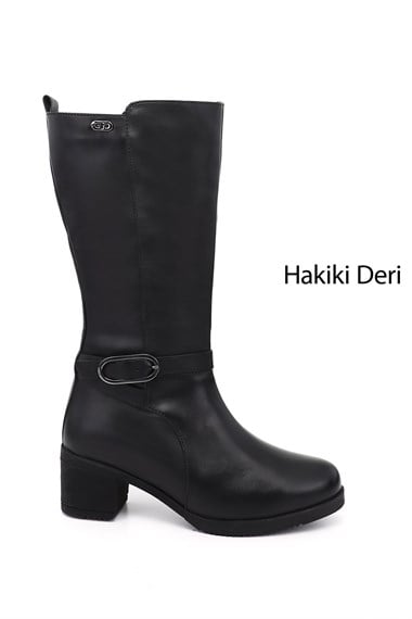 Womens Black Chunky Heel Genuine Leather Boots