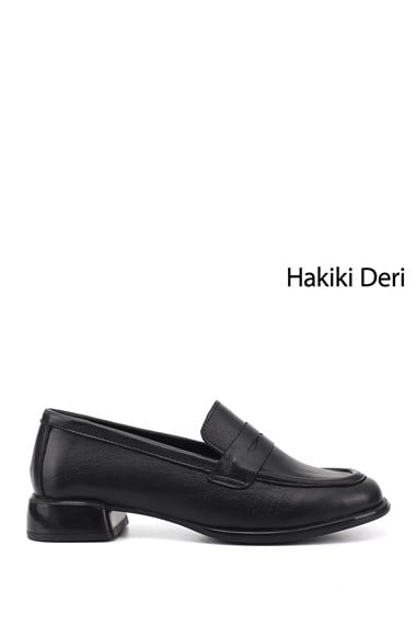Kadın Siyah Kalın Topuklu Hakiki Deri Loafer Ayakkabı