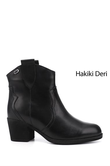 Kadın Siyah Kalın Topuklu Hakiki Deri Kovboy Bot
