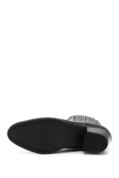 Womens Black Thick Heeled Genuine Leather Cowboy Boots