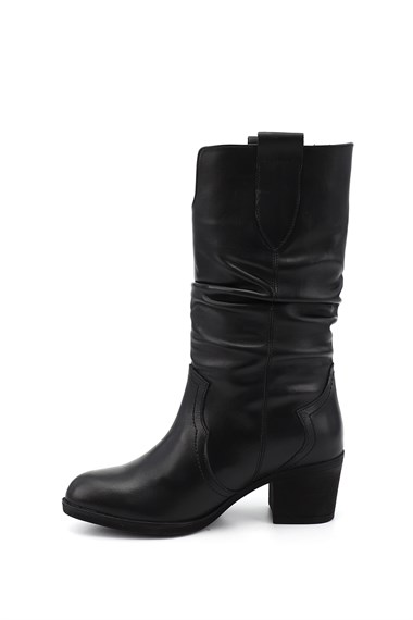 Womens Black Thick Heeled Genuine Leather Boots