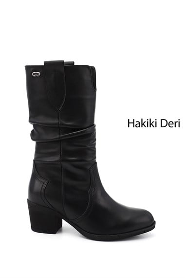 Womens Black Thick Heeled Genuine Leather Boots