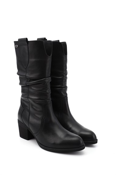 Womens Black Thick Heeled Genuine Leather Boots