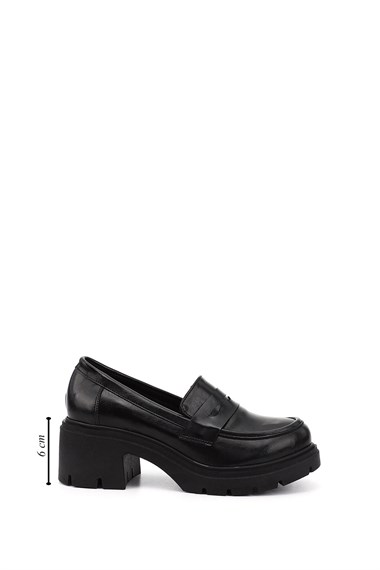 Womens Black Chunky Heeled Loafer Shoes