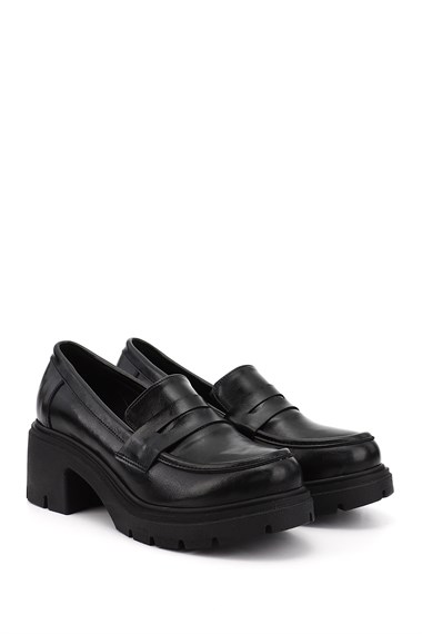 Womens Black Chunky Heeled Loafer Shoes