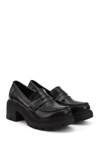 Kadın Siyah Kalın Topuklu Loafer Ayakkabı