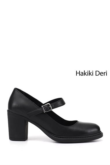 Womens Black Medium Thick Heel Genuine Leather Shoes