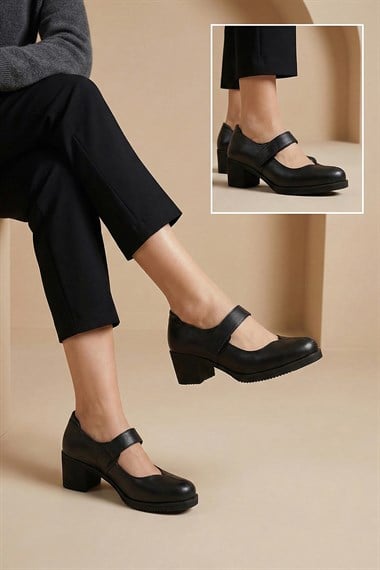 Kadın Siyah Kalın Topuklu Mary Jane Hakiki Deri Ayakkabı