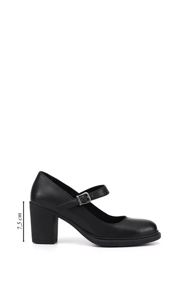 Womens Black Medium Thick Heel Genuine Leather Shoes