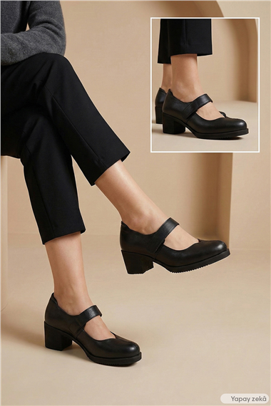 Womens Black Thick Heel Mary Jane Genuine Leather Shoes