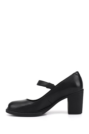 Womens Black Medium Thick Heel Genuine Leather Shoes