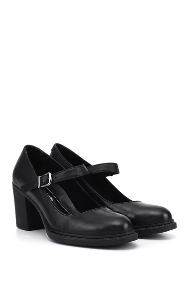 Womens Black Medium Thick Heel Genuine Leather Shoes