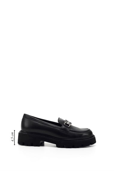 Women’s Black Thick Heeled Buckle Genuine Leather Loafer Shoes