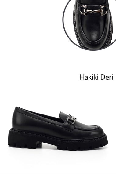 Kadın Siyah Kalın Topuklu Tokalı Hakiki Deri Loafer Ayakkabı