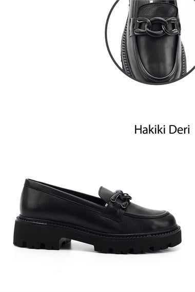 Kadın Siyah Kalın Topuklu Tokalı Hakiki Deri Loafer Ayakkabı
