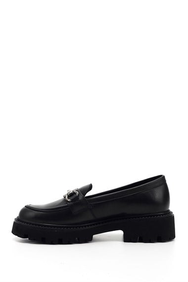 Women’s Black Thick Heeled Buckle Genuine Leather Loafer Shoes