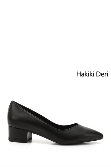 Kadın Siyah Kısa Kalın Topuklu Hakiki Deri Ayakkabı