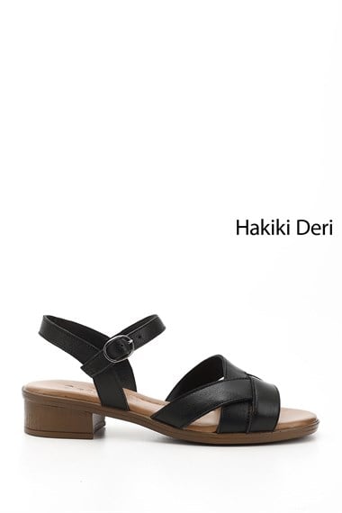 Kadın Siyah Kısa Kalın Topuklu Hakiki Deri Sandalet