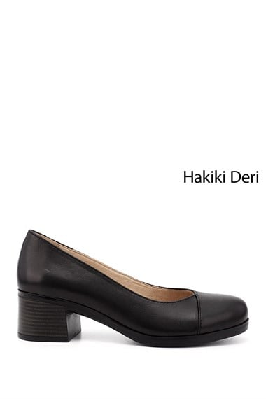 Kadın Siyah Kısa Kalın Topuklu Hakiki Deri Ayakkabı