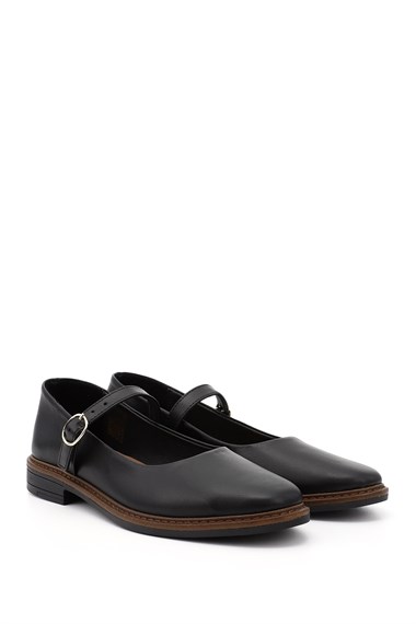 Womens Black Short Chunky Heel Mary Jane Genuine Leather Ballet Flats