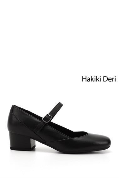 Kadın Siyah Kısa Kalın Topuklu Mary Jane Hakiki Deri Ayakkabı