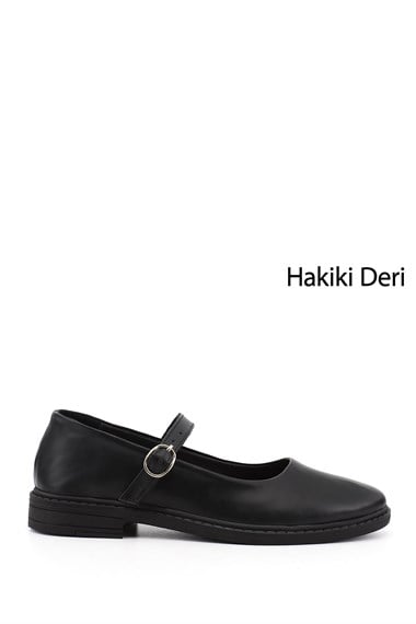 Kadın Siyah Kısa Kalın Topuklu Mary Jane Hakiki Deri Babet