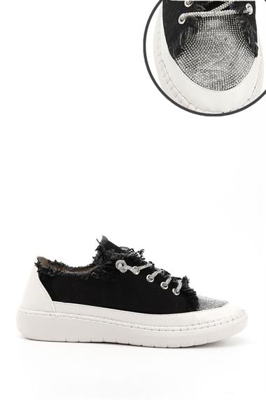 Kadın Siyah Kot Triko Taşlı Comfort Dolgu Taban Sneaker