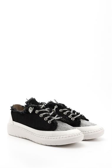 Kadın Siyah Kot Triko Taşlı Comfort Dolgu Taban Sneaker