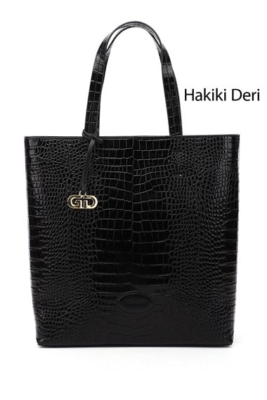 Kadın Siyah Kroko Hakiki Deri El ve Omuz Çantası