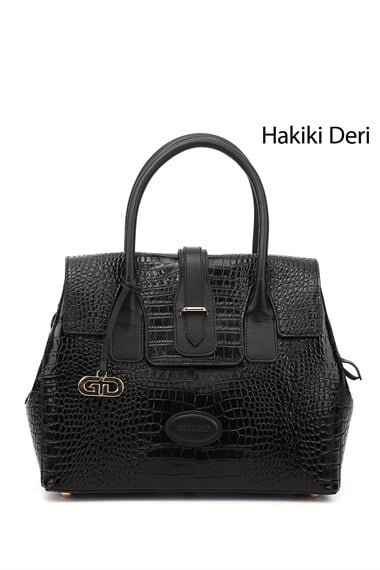 Kadın Siyah Kroko Hakiki Deri El ve Omuz Çantası
