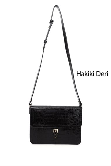 Kadın Siyah Kroko Hakiki Deri Omuz Çantası