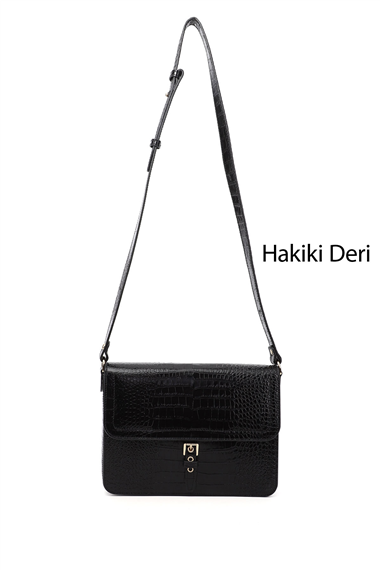 Kadın Siyah Kroko Hakiki Deri Omuz Çantası