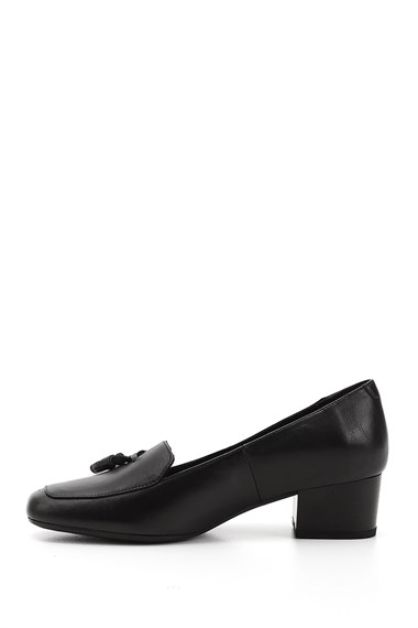 Womens Black Flat Toe Short Thick Heel Genuine Leather Shoes
