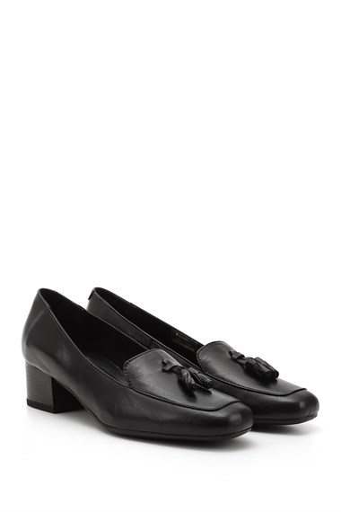 Womens Black Flat Toe Short Thick Heel Genuine Leather Shoes