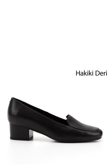 Kadın Siyah Küt Burun Kısa Kalın Topuklu Hakiki Deri Ayakkabı