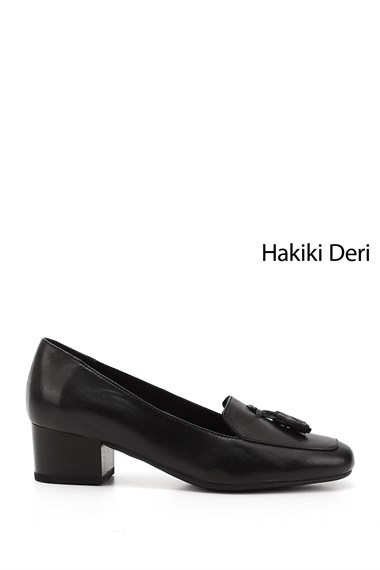 Womens Black Flat Toe Short Thick Heel Genuine Leather Shoes