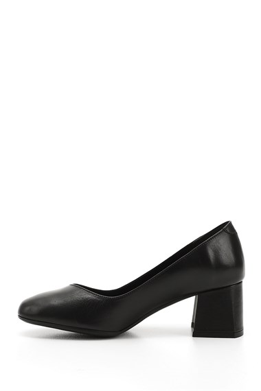 Kadın Siyah Küt Burun Orta Kalın Topuklu Hakiki Deri Ayakkabı