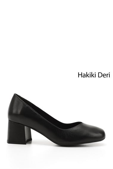 Kadın Siyah Küt Burun Orta Kalın Topuklu Hakiki Deri Ayakkabı