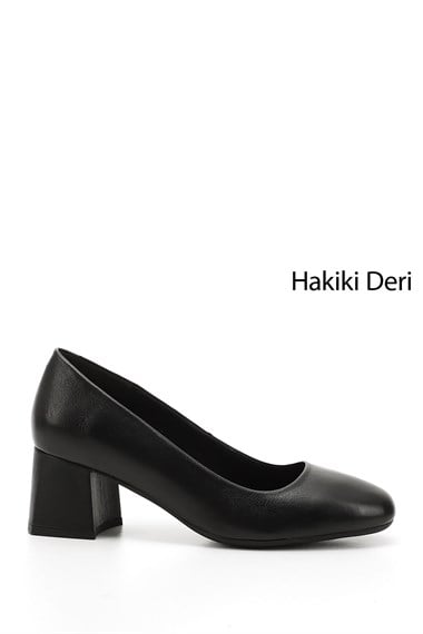 Kadın Siyah Küt Burun Orta Kalın Topuklu Hakiki Deri Ayakkabı