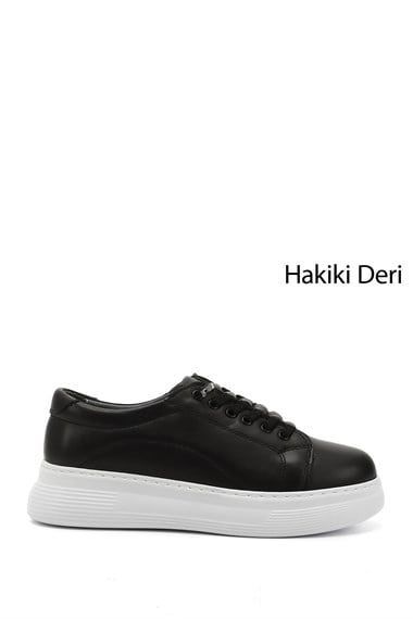 Kadın Siyah Lastik Bağcıklı Comfort Dolgu Taban Hakiki Deri Sneaker