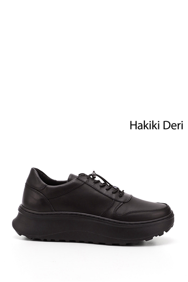 Kadın Siyah Lastik Bağcıklı Comfort Dolgu Taban Hakiki Deri Sneaker