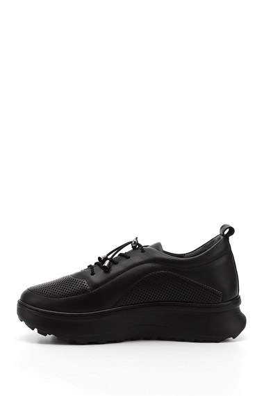 Kadın Siyah Lastik Bağcıklı Comfort Dolgu Taban Hakiki Deri Sneaker