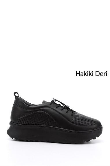 Kadın Siyah Lastik Bağcıklı Comfort Dolgu Taban Hakiki Deri Sneaker