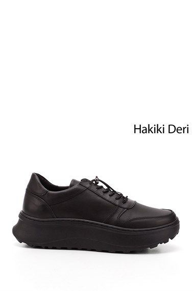 Kadın Siyah Lastik Bağcıklı Comfort Dolgu Taban Hakiki Deri Sneaker