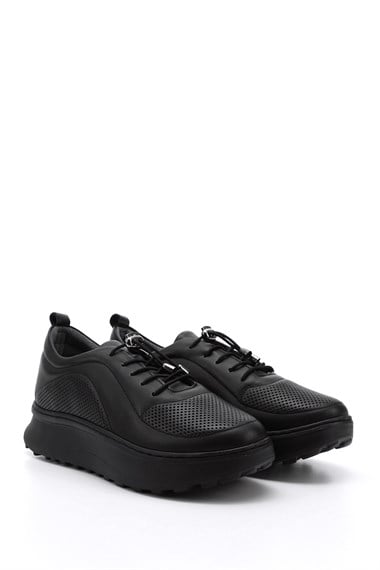 Kadın Siyah Lastik Bağcıklı Comfort Dolgu Taban Hakiki Deri Sneaker